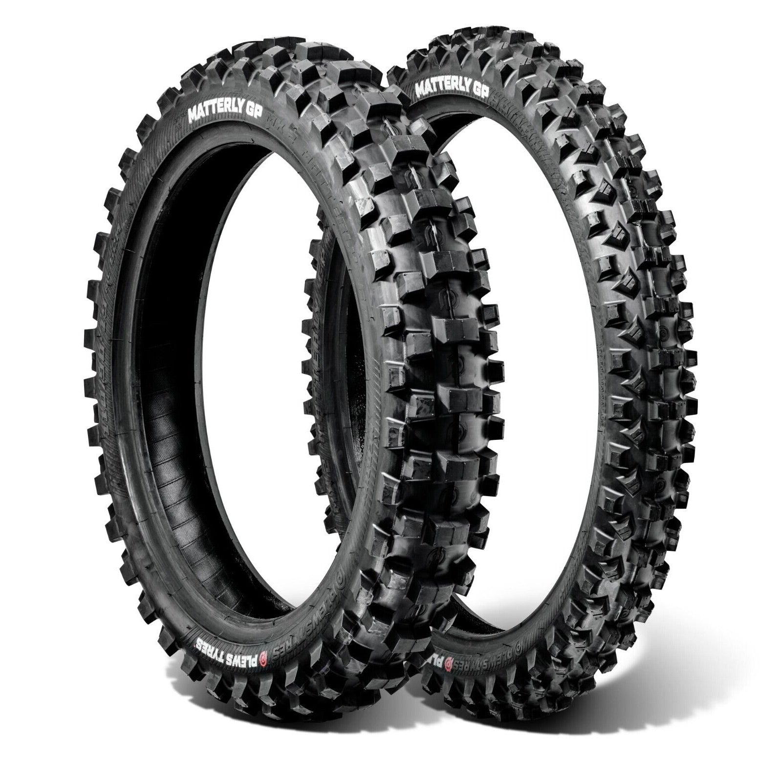 Two off-road dirt bike tires with Matterly GP branding on a white background
