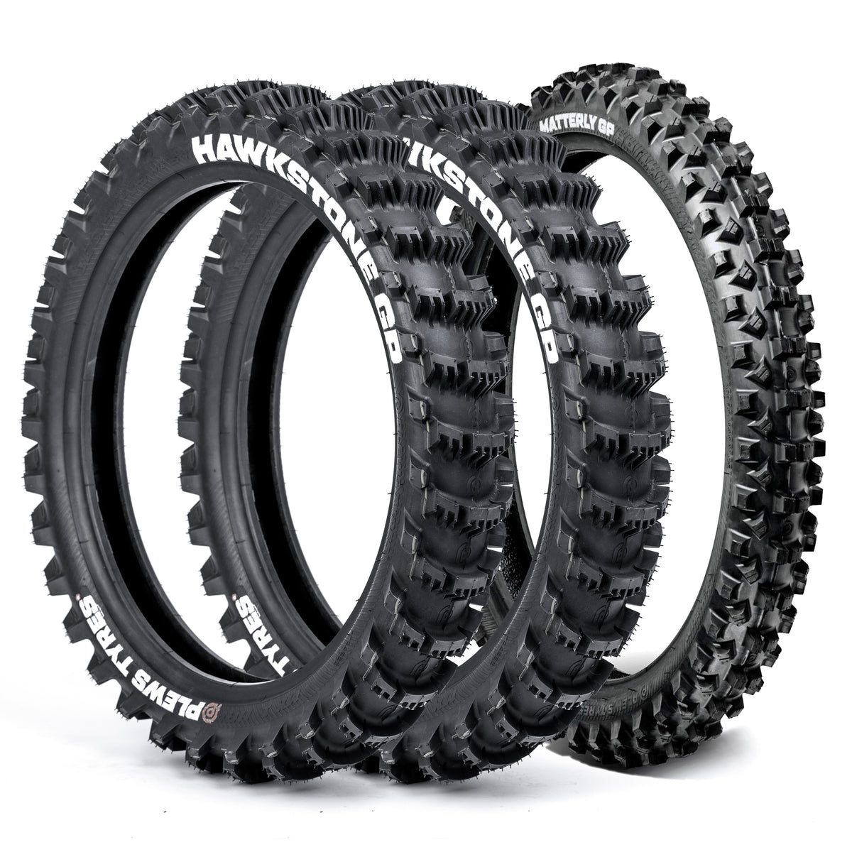 Three off-road dirt bike tires with visible Plews Tyres branding on a white background