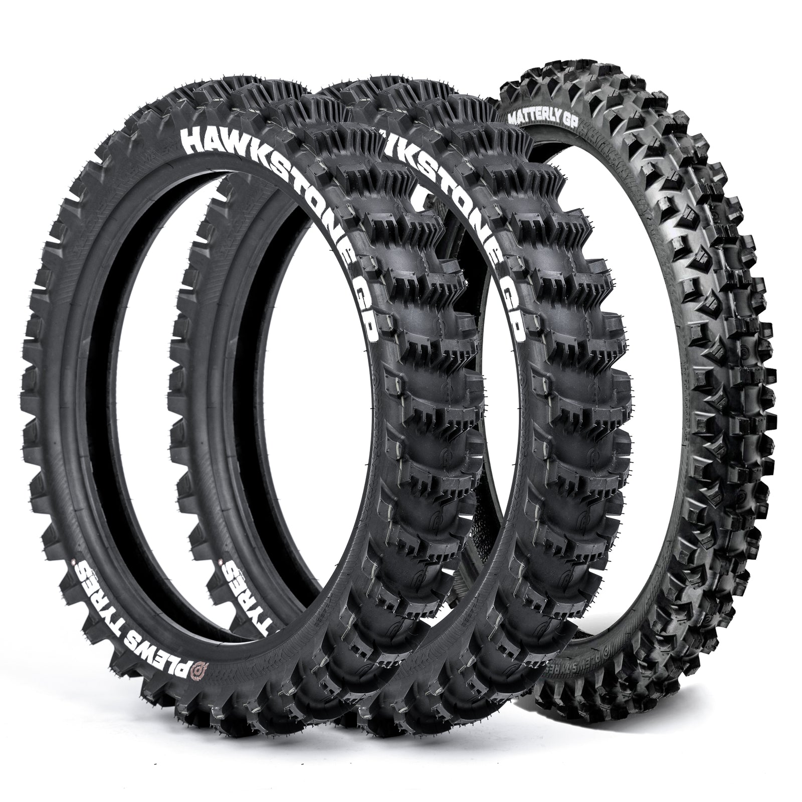 Three off-road dirt bike tires with visible Plews Tyres branding on a white background