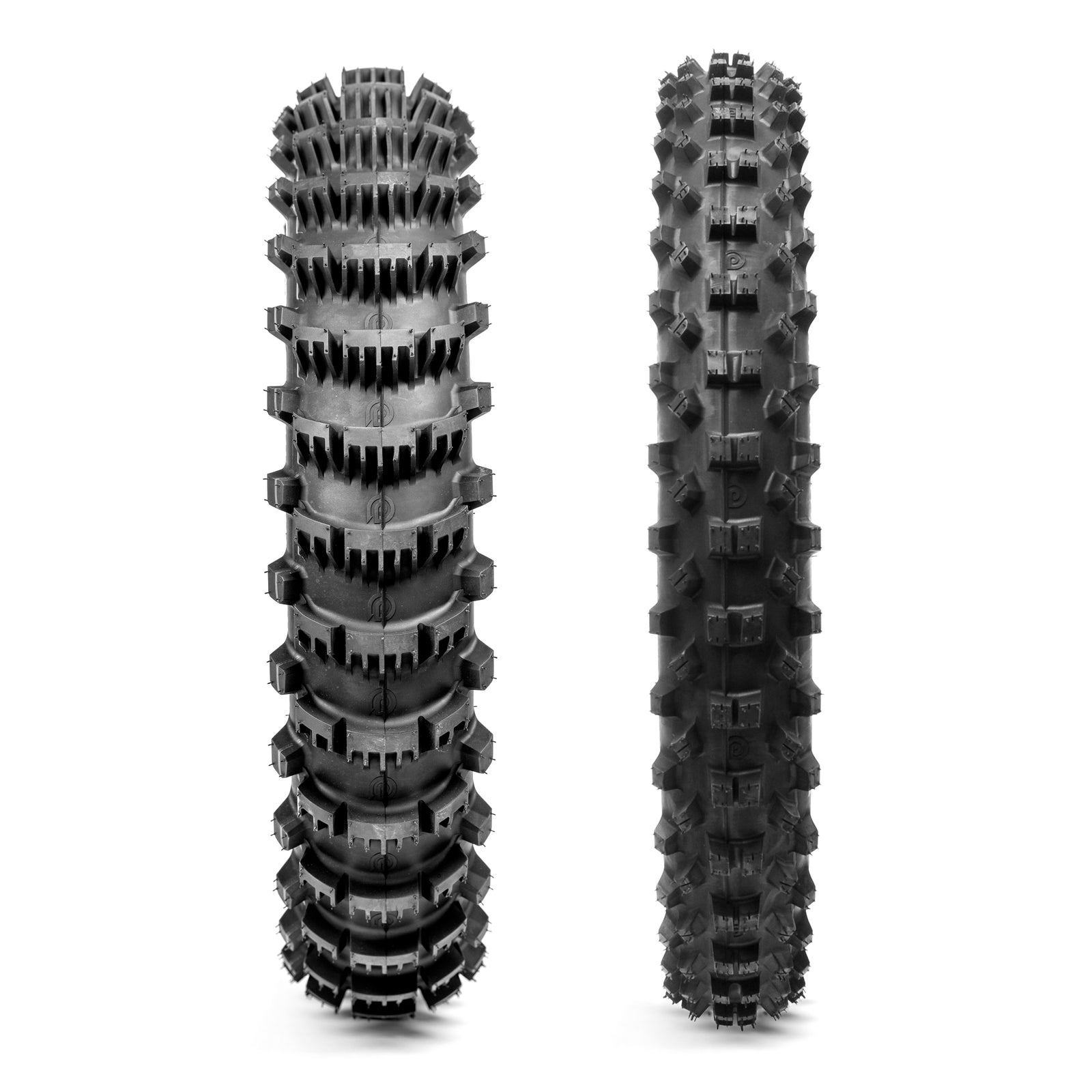 Two black off-road dirt bike tires with visible Plews branding on a white background